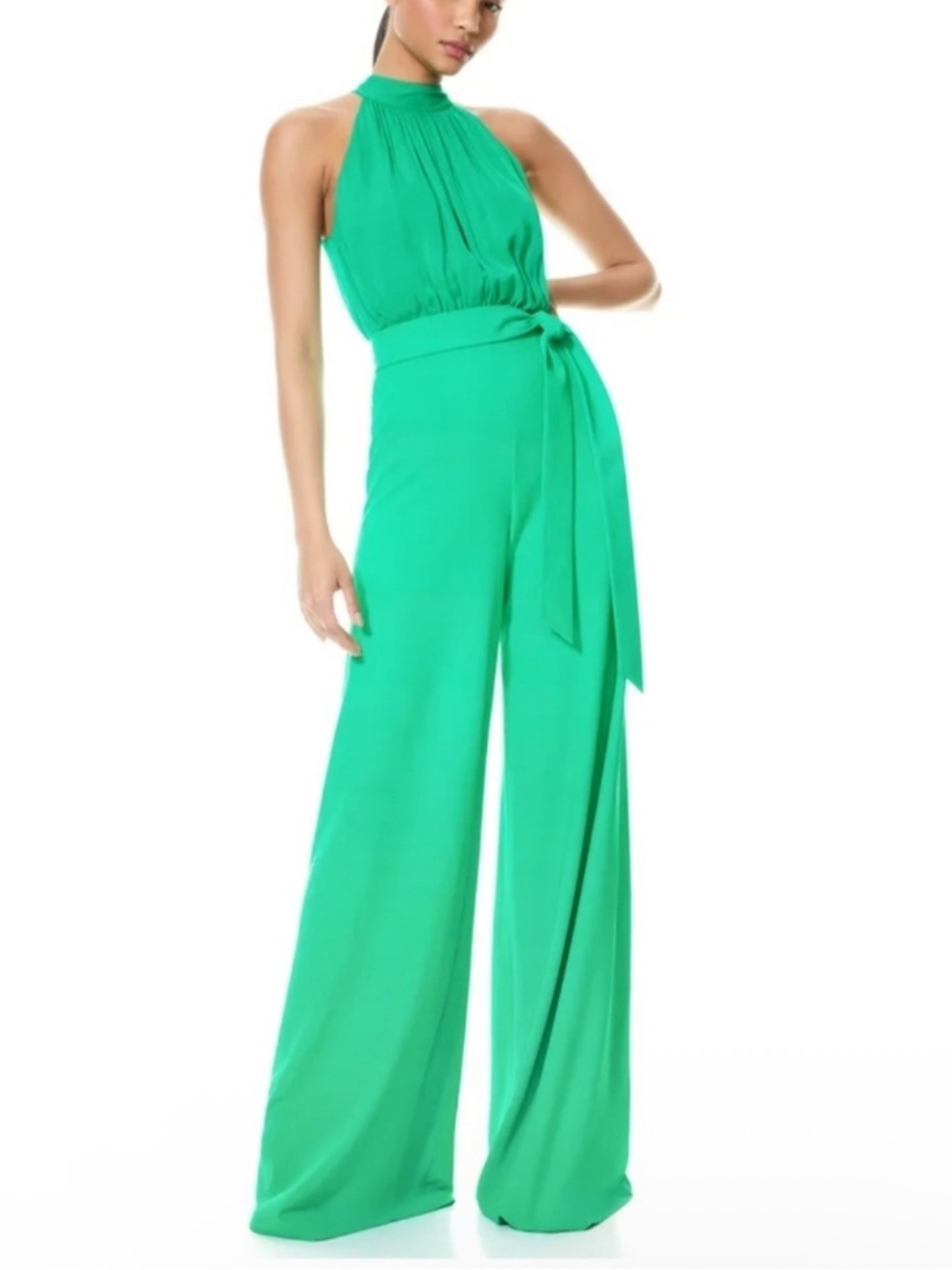 Alice + Olivia Thelma Halter Neck Green Wide-Leg Jumpsuit (NO BELT)